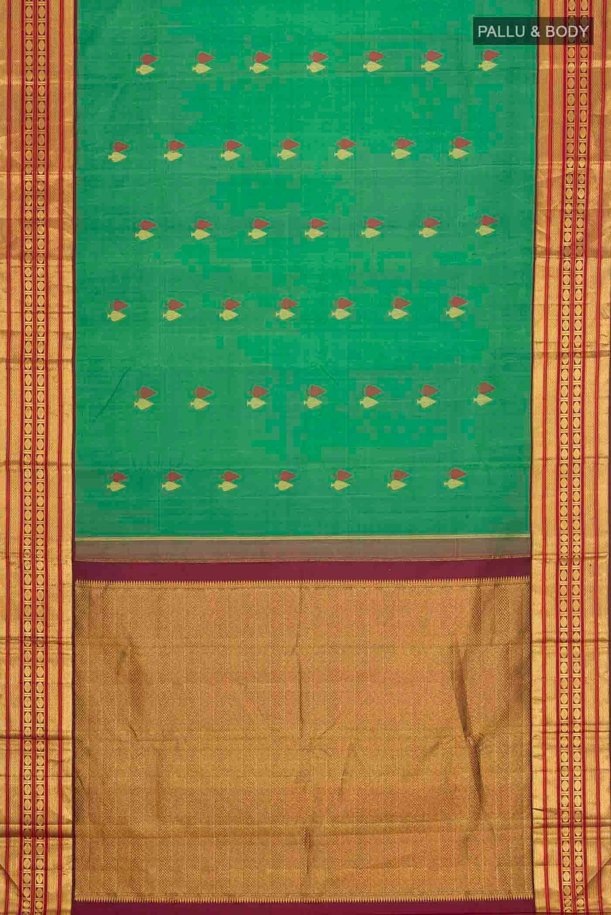 Flat view of Green Kanchipuram Silk Saree with Zari Butta on the body and Zari Border