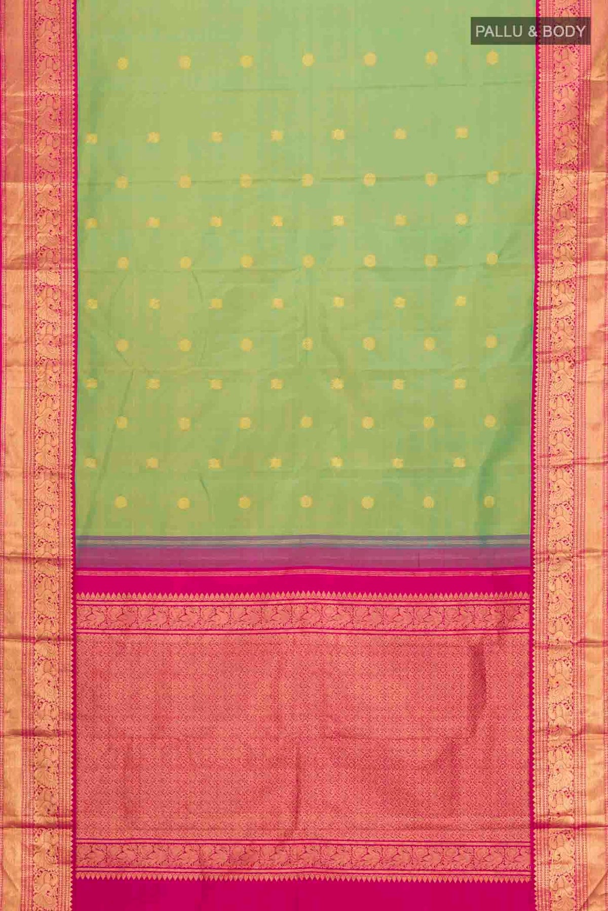 Flat view of Green Kanchipuram Silk Saree with Zari Butta on the body and Zari Border