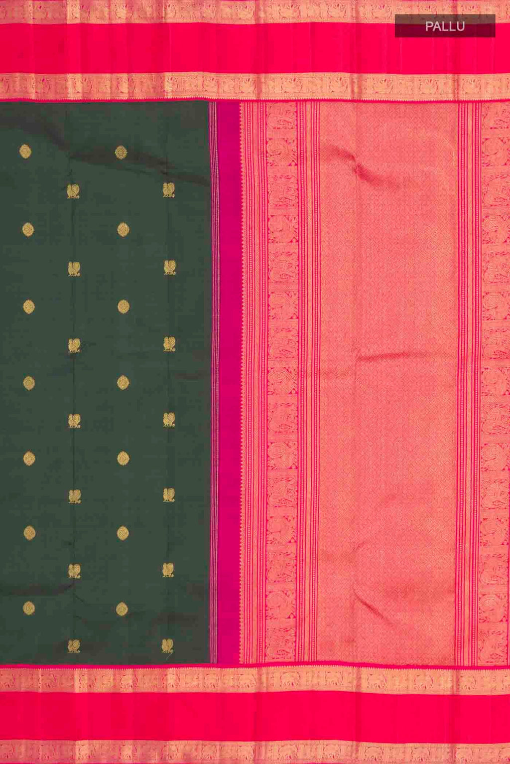 Close up image of the pallu of Green Kanchipuram Silk Saree with Zari Butta on the body and Zari Border