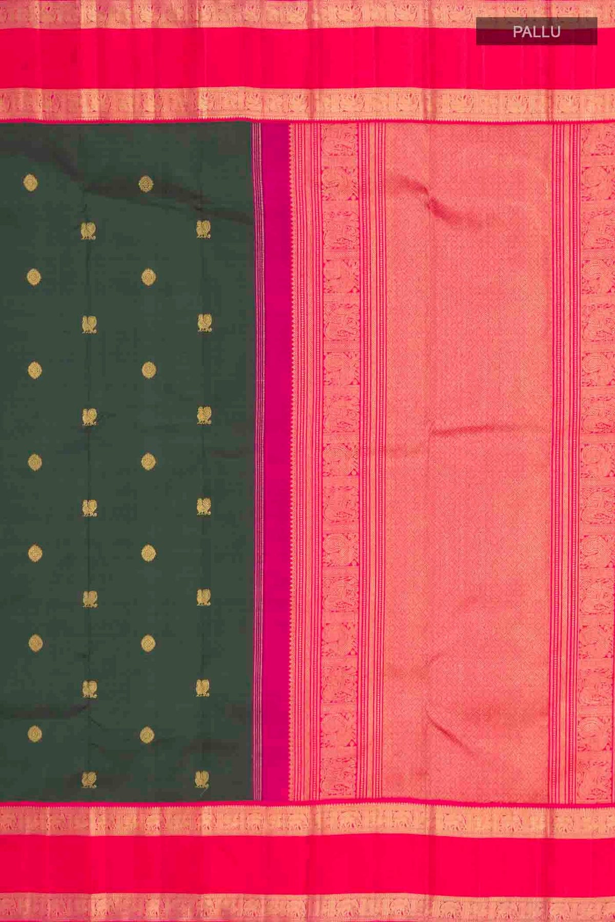 Close up image of the pallu of Green Kanchipuram Silk Saree with Zari Butta on the body and Zari Border
