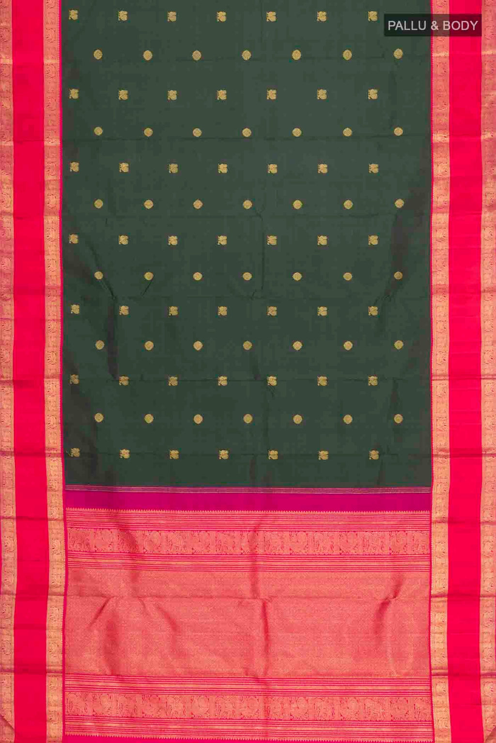 Flat view of Green Kanchipuram Silk Saree with Zari Butta on the body and Zari Border