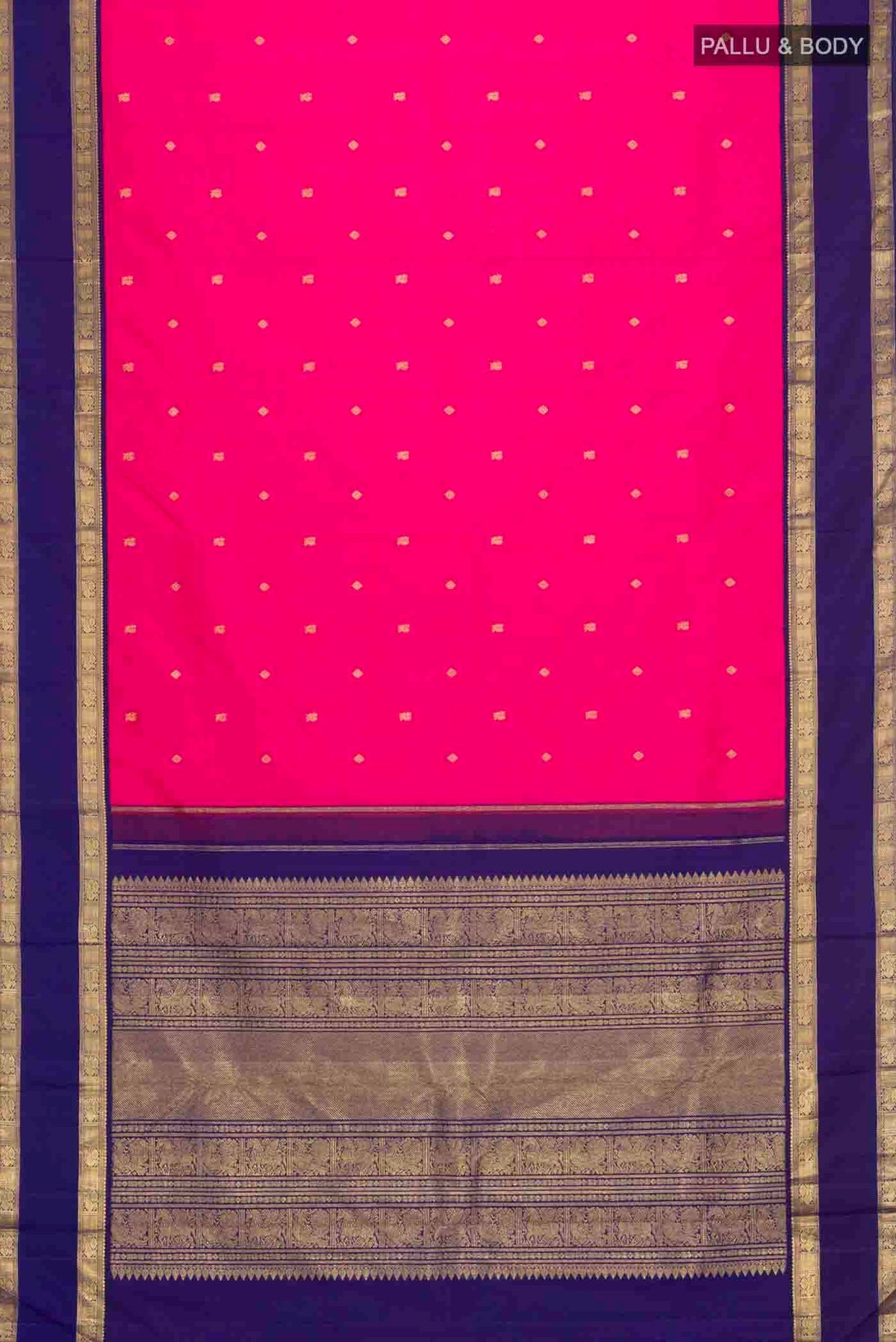 Flat view of Pink Kanchipuram Silk Saree with Zari Butta on the body and Zari Border