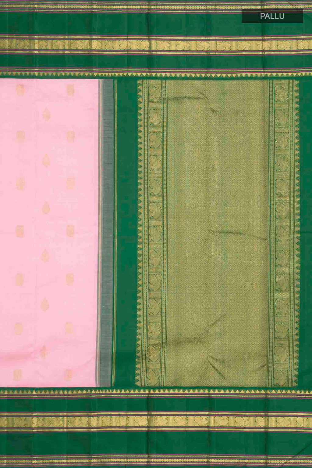 Close up image of the pallu of Pink Kanchipuram Silk Saree with Zari Butta on the body and Zari Border