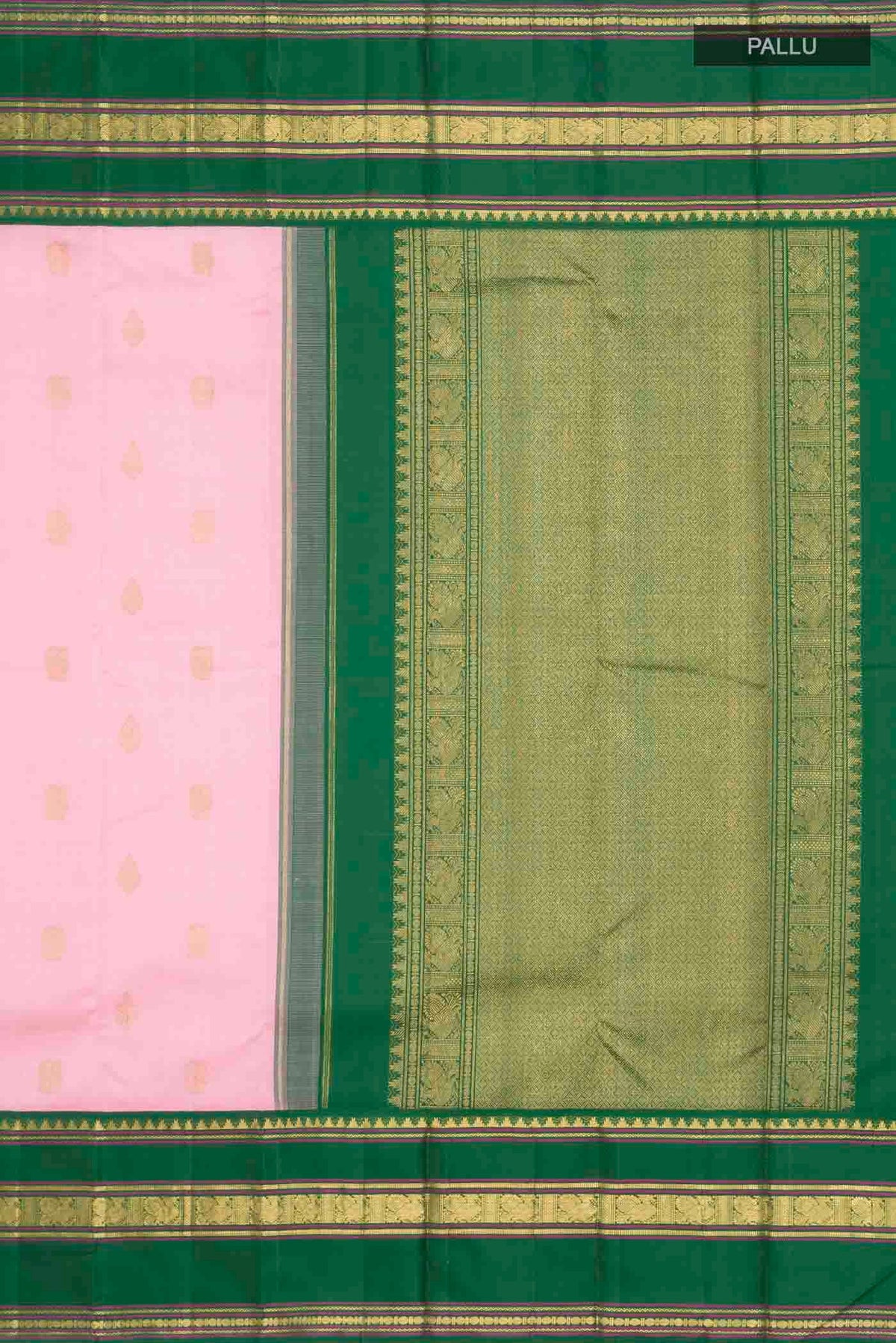 Close up image of the pallu of Pink Kanchipuram Silk Saree with Zari Butta on the body and Zari Border