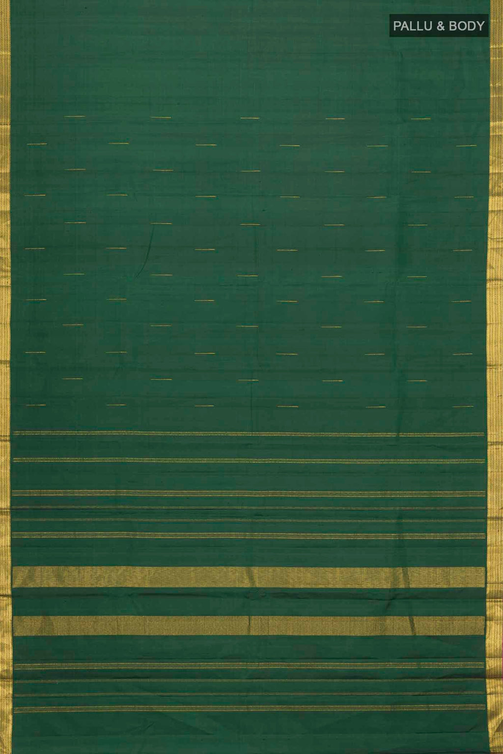 Flat view of Green Kanchipuram Silk Saree with Zari Butta on the body and Zari Border