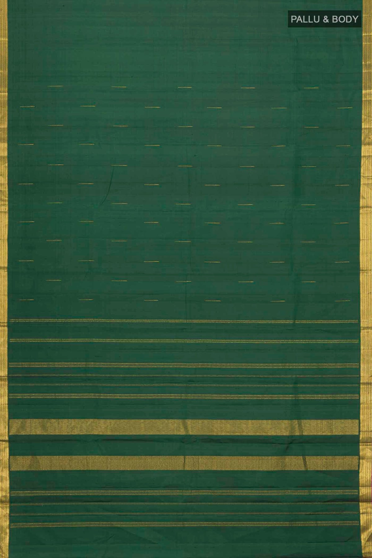 Flat view of Green Kanchipuram Silk Saree with Zari Butta on the body and Zari Border