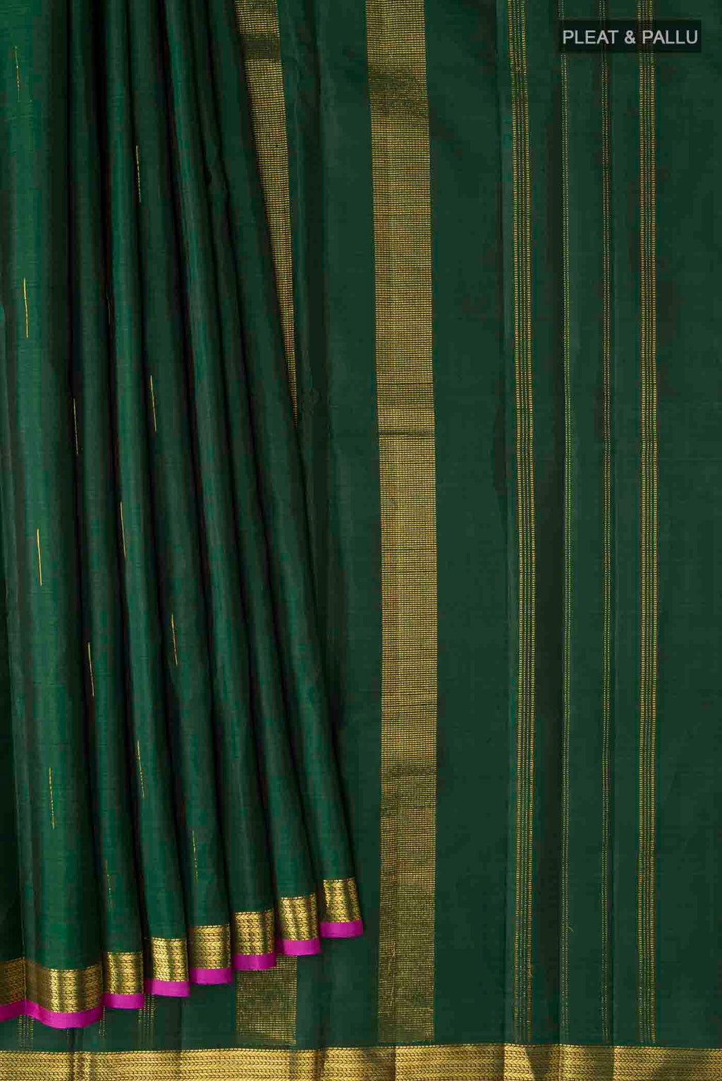 Pleats and pallu of Green Kanchipuram Silk Saree with Zari Butta on the body and Zari Border