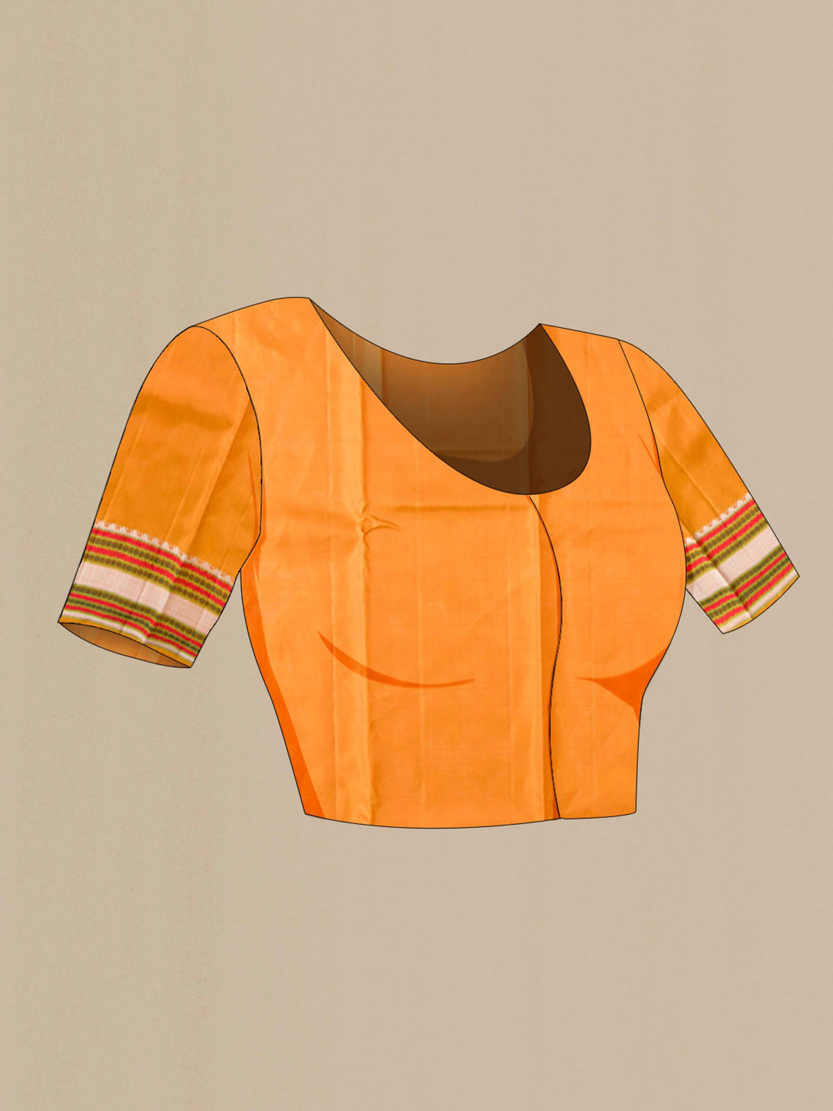 Close up image of the blouse of Mustard Kanchipuram Silk Saree with Plain Body and Thread Border