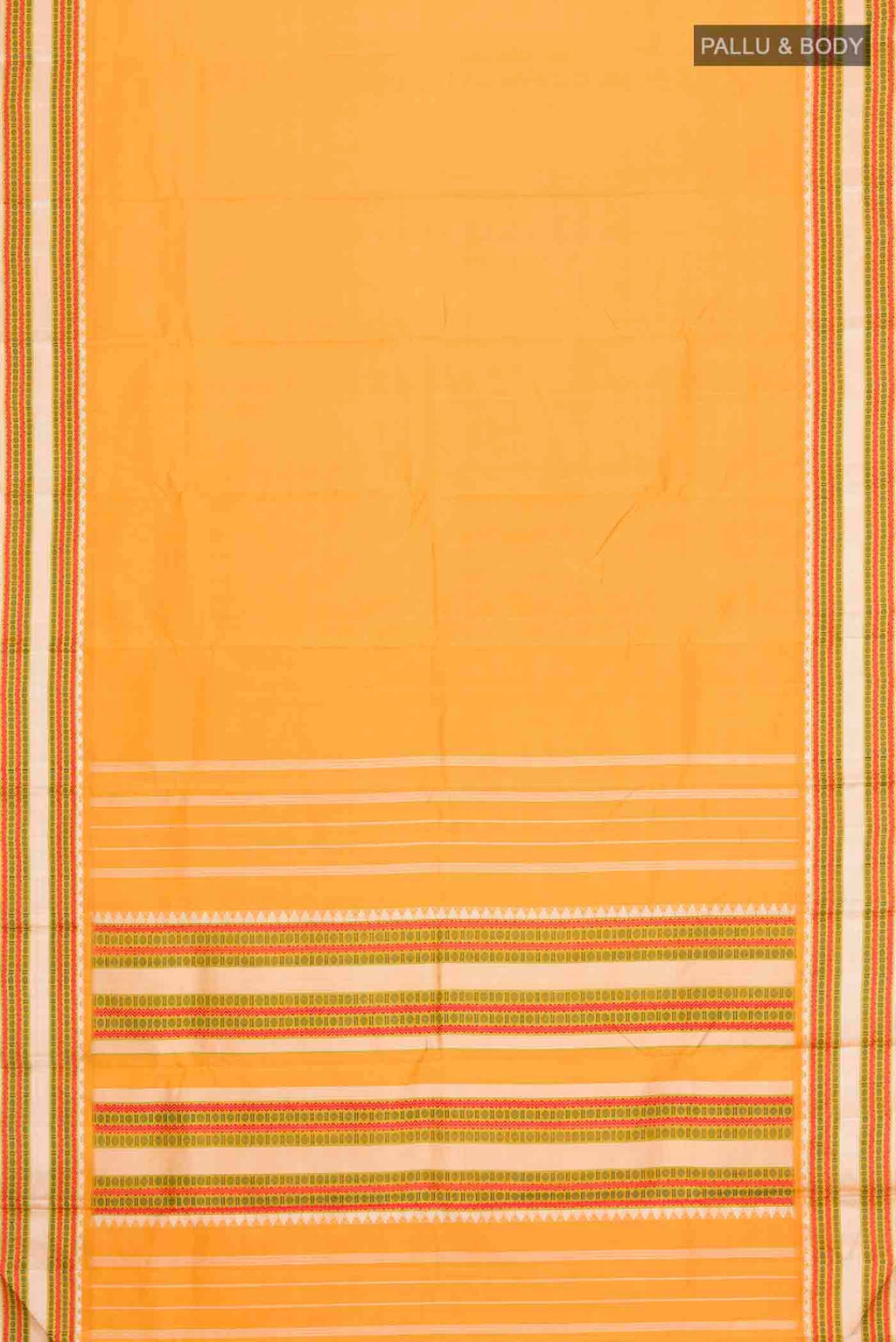 Flat view of Mustard Kanchipuram Silk Saree with Plain Body and Thread Border
