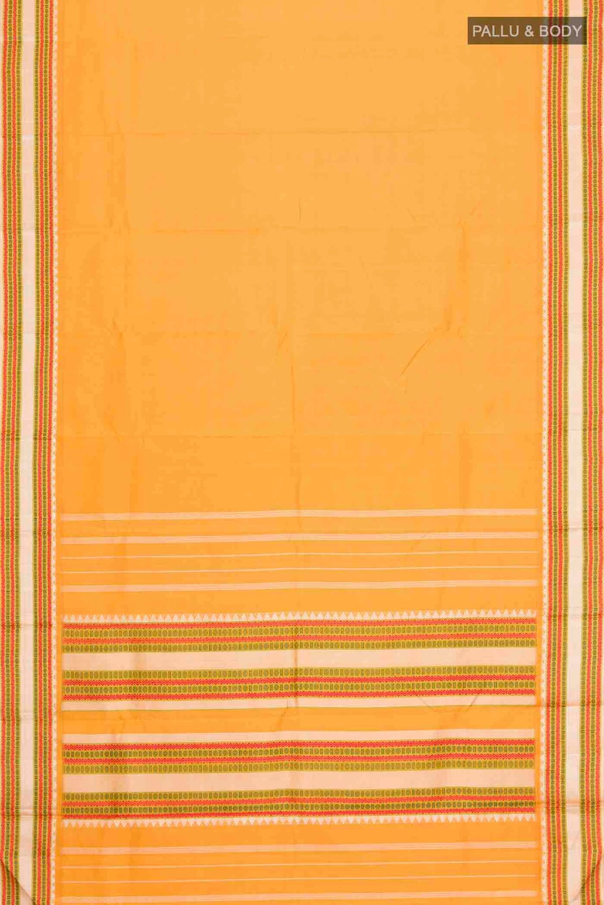Flat view of Mustard Kanchipuram Silk Saree with Plain Body and Thread Border