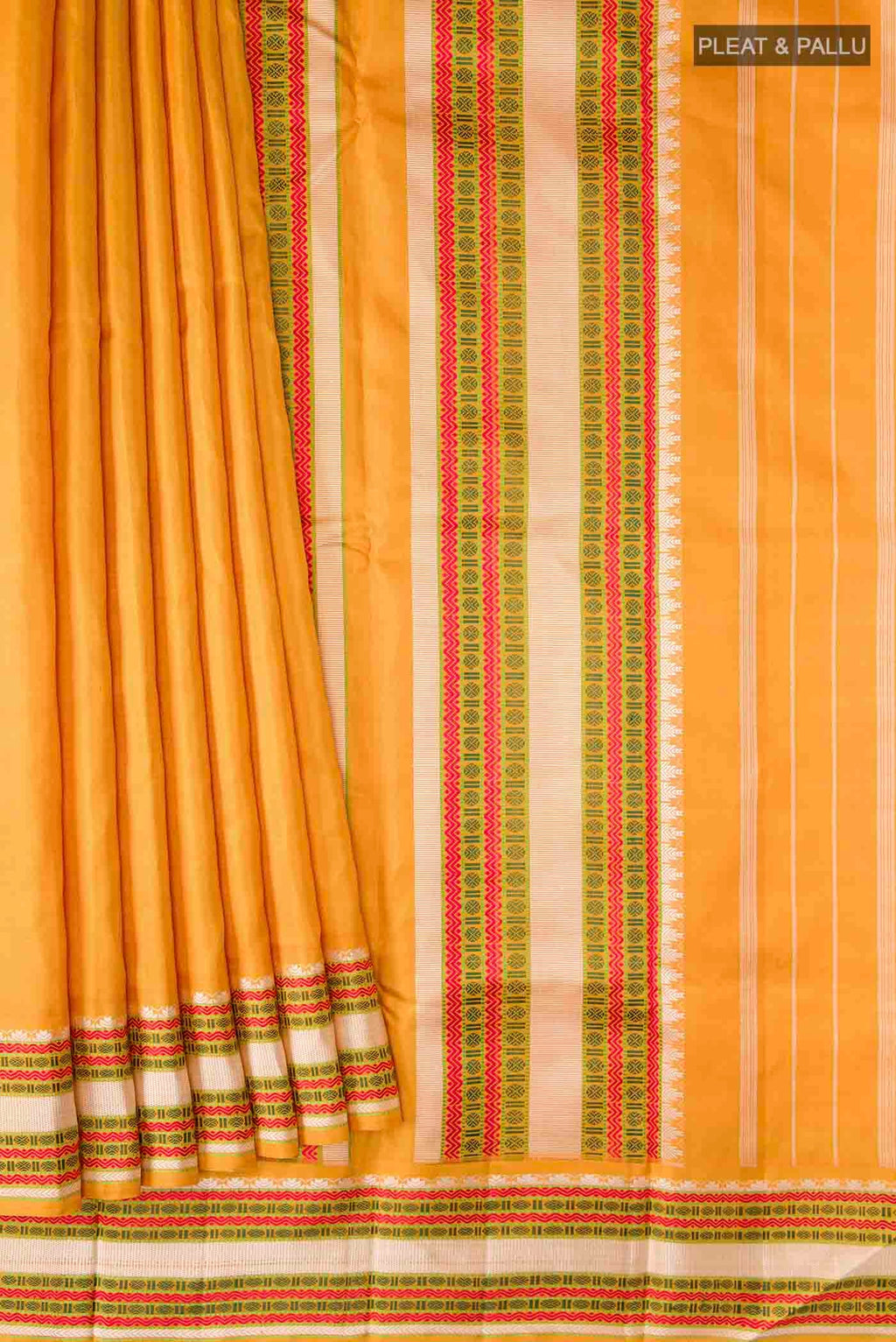 Pleats and pallu of Mustard Kanchipuram Silk Saree with Plain Body and Thread Border