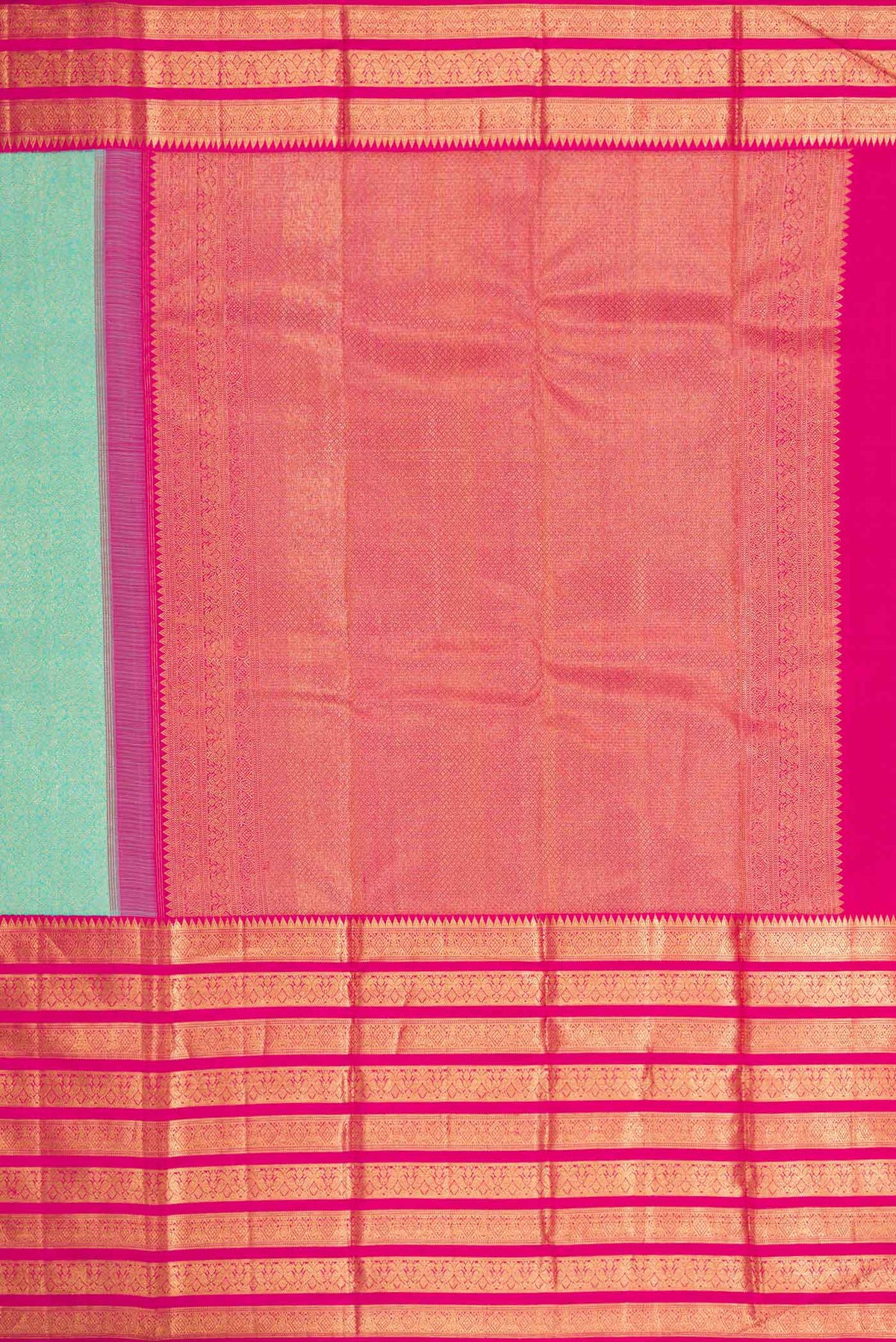 Close up image of the pallu of Pure Silk Pure Zari Sea Green Dual Tone Kanchipuram Saree with Zari Brocade on the body and Zari Border