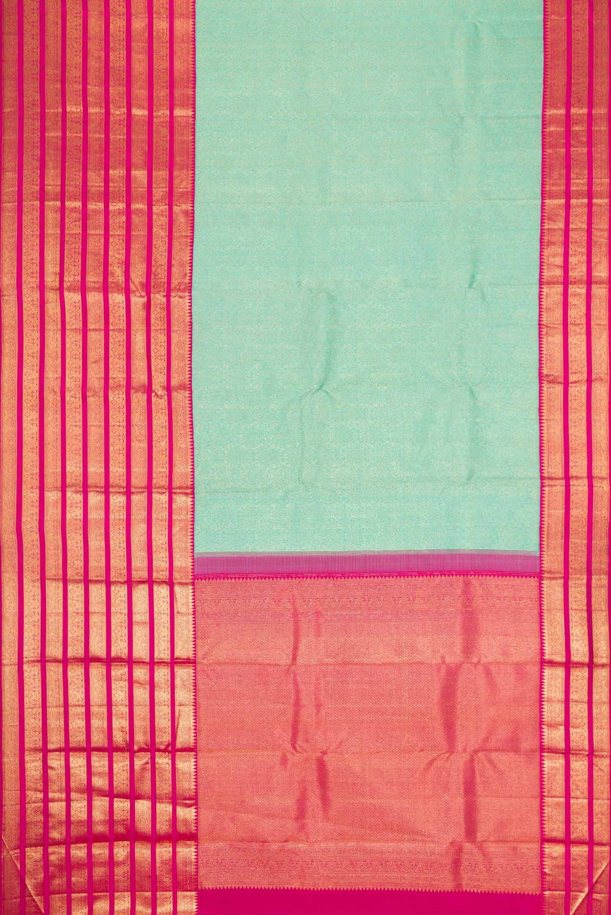 Flat view of Pure Silk Pure Zari Sea Green Dual Tone Kanchipuram Saree with Zari Brocade on the body and Zari Border