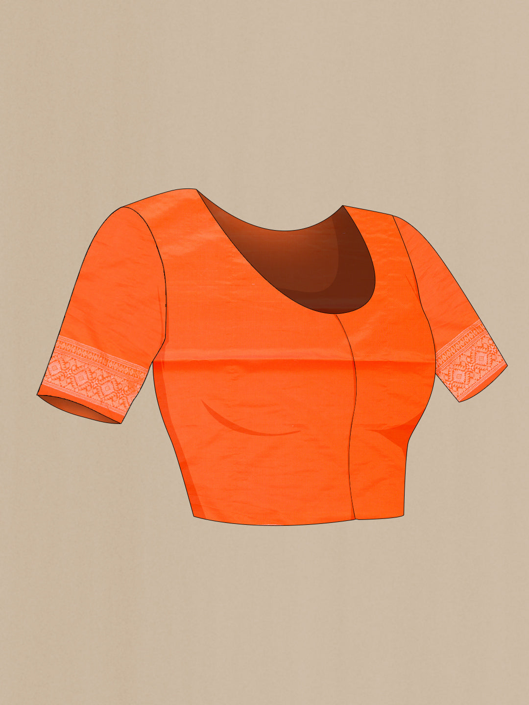 Close up image of the blouse of Orange Dual Tone Blended Banarasi Silk Saree with Zari Brocade on the body and Zari Border. 
