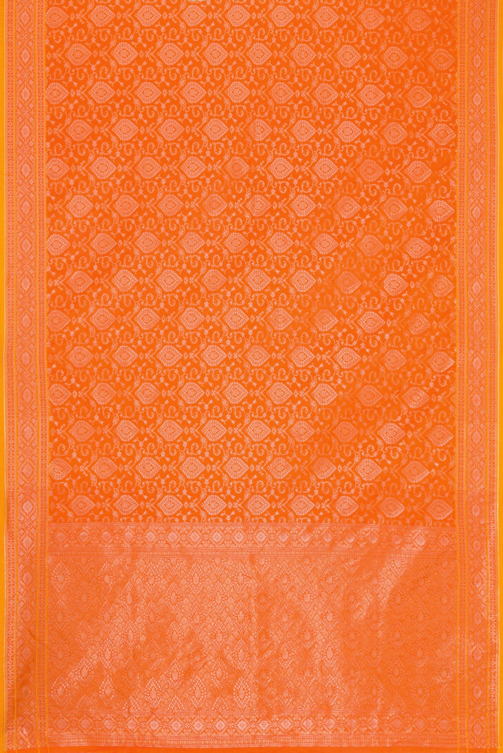 Flat view of Orange Dual Tone Blended Banarasi Silk Saree with Zari Brocade on the body and Zari Border. 