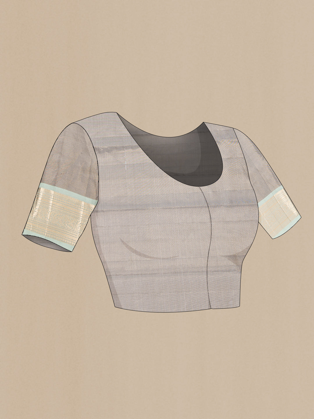 Close up image of the blouse of Grey Kanchipuram Silk Saree with Jacquard design on the body and Zari Border