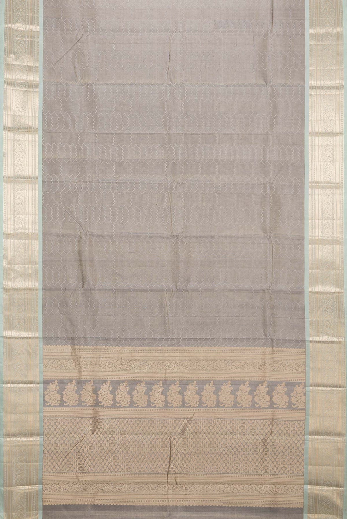 Flat view of Grey Kanchipuram Silk Saree with Jacquard design on the body and Zari Border