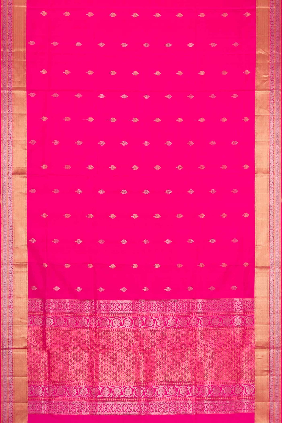Flat view of Pink Dual Tone Soft Silk Saree with Zari Butta on the body and Zari Border. 