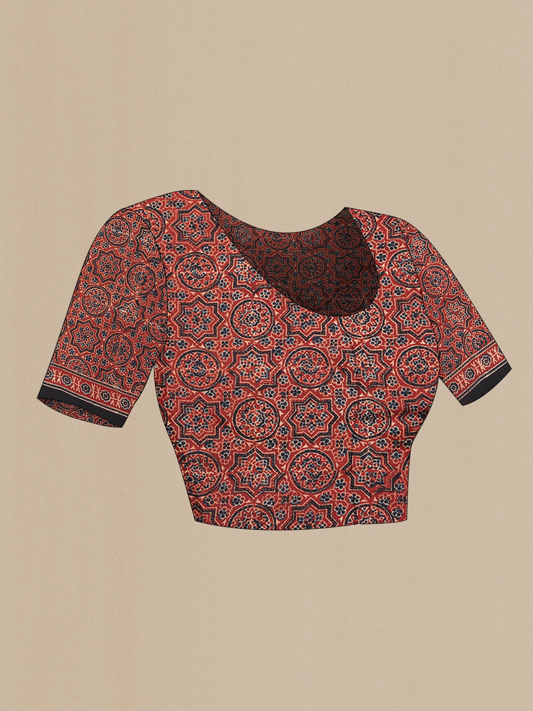 Close up image of the blouse of Maroon Dual Tone Blended Satin Crepe Saree with Printed design on the body and Printed Border. 