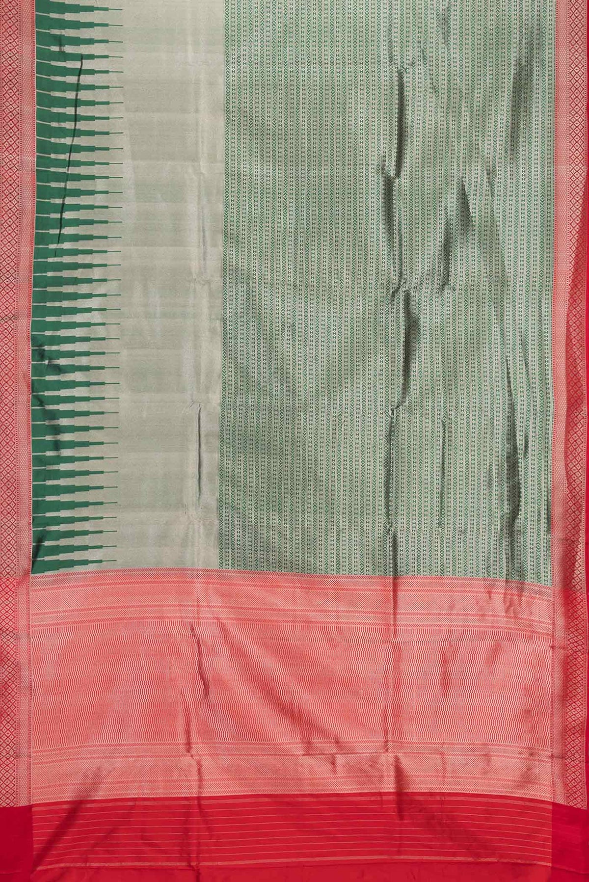 Flat view of Green Dual Tone Banarasi Saree with Zari Brocade on the body and Zari Border