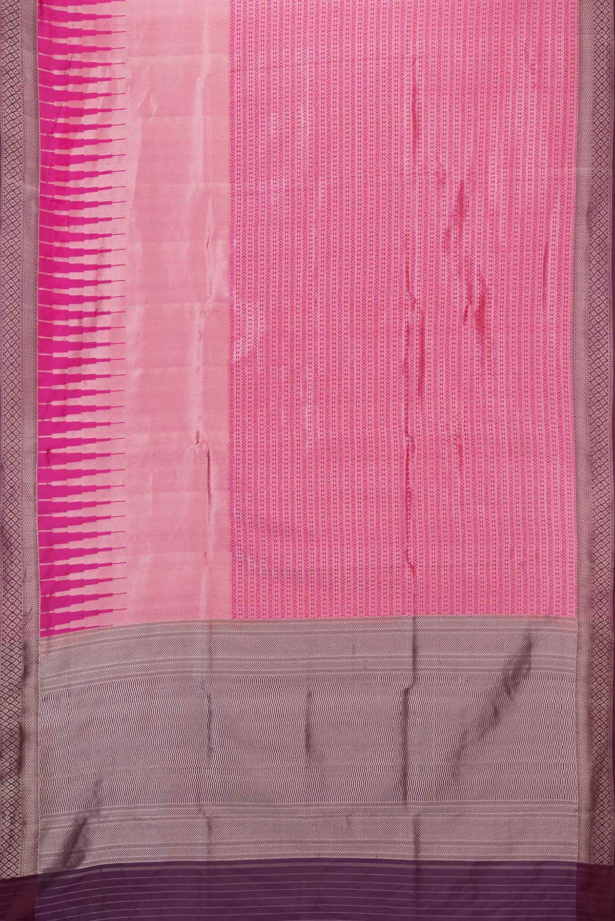 Flat view of Pink Dual Tone Banarasi Silk Saree with Zari Brocade on the body and Zari Border