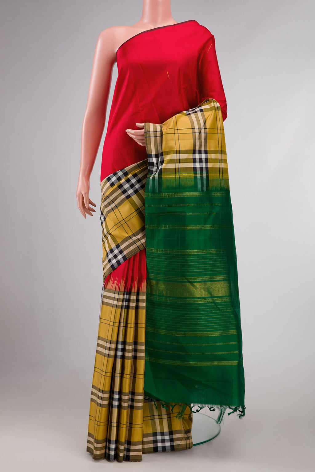 Red and Mustard Color Kanchipuram Silk Saree with Half And Half on the body and Without Border displayed on a mannequin