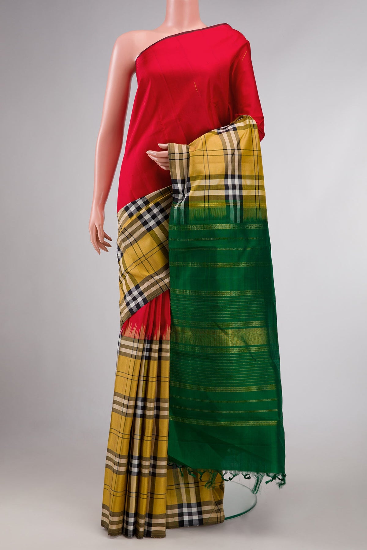 Red and Mustard Color Kanchipuram Silk Saree with Half And Half on the body and Without Border displayed on a mannequin