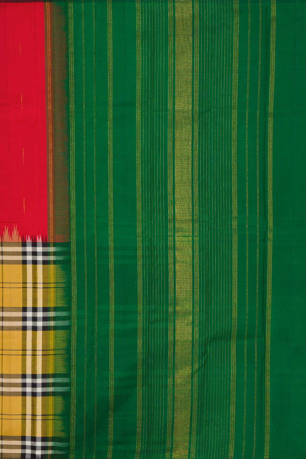 Close up image of the pallu of Red and Mustard Color Kanchipuram Silk Saree with Half And Half on the body and Without Border