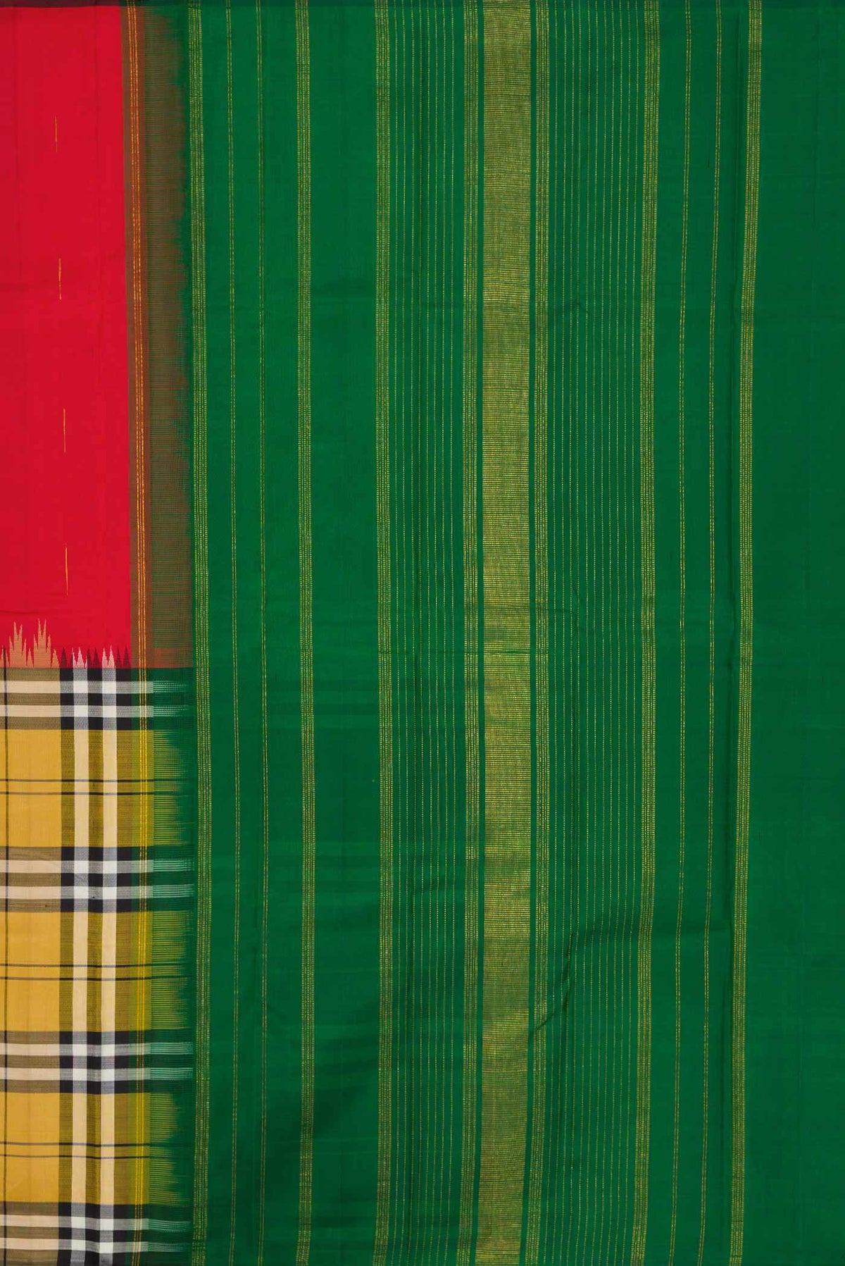 Close up image of the pallu of Red and Mustard Color Kanchipuram Silk Saree with Half And Half on the body and Without Border