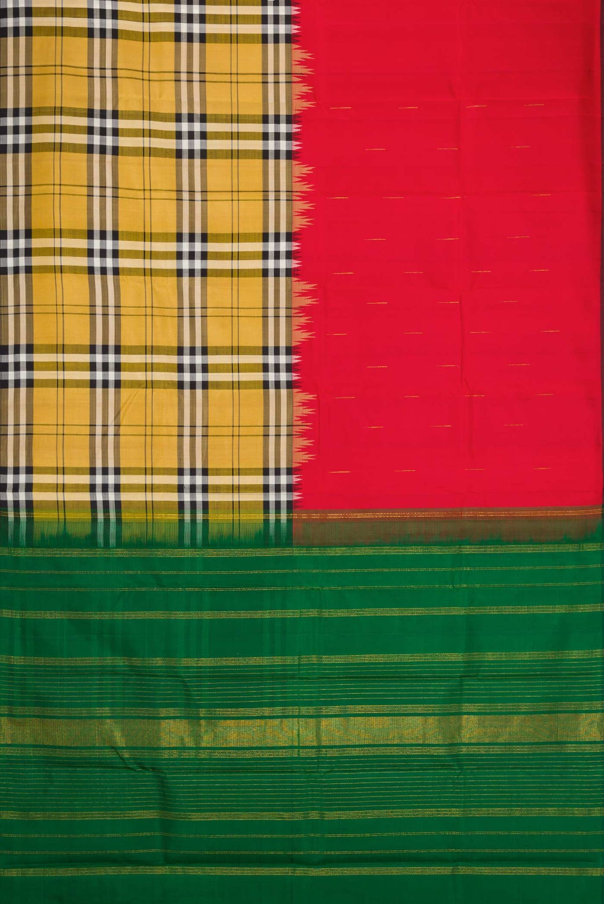 Flat view of Red and Mustard Color Kanchipuram Silk Saree with Half And Half on the body and Without Border