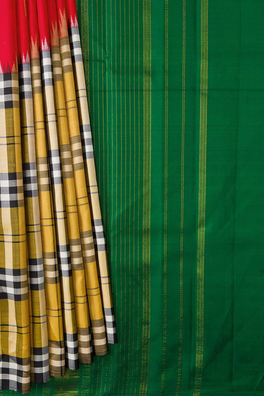 Pleats and pallu of Red and Mustard Color Kanchipuram Silk Saree with Half And Half on the body and Without Border