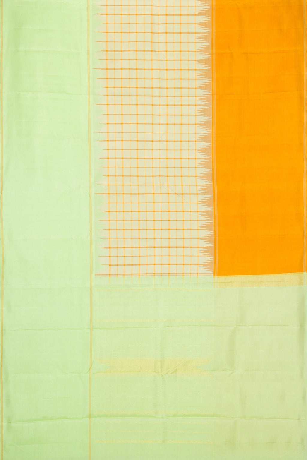 Flat view of Pista Green Dual Tone Double Ikat Saree with Checked design on the body and Ganga Jamuna Border. 