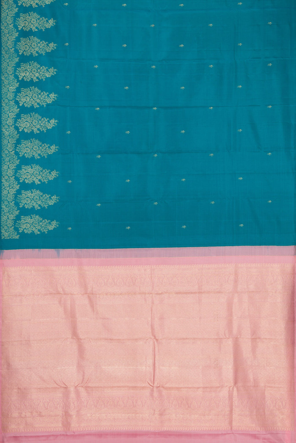Flat view of Peacock Blue Dual Tone Kanjivaram Silk Saree with Zari Butta on the body and Fancy Border. 