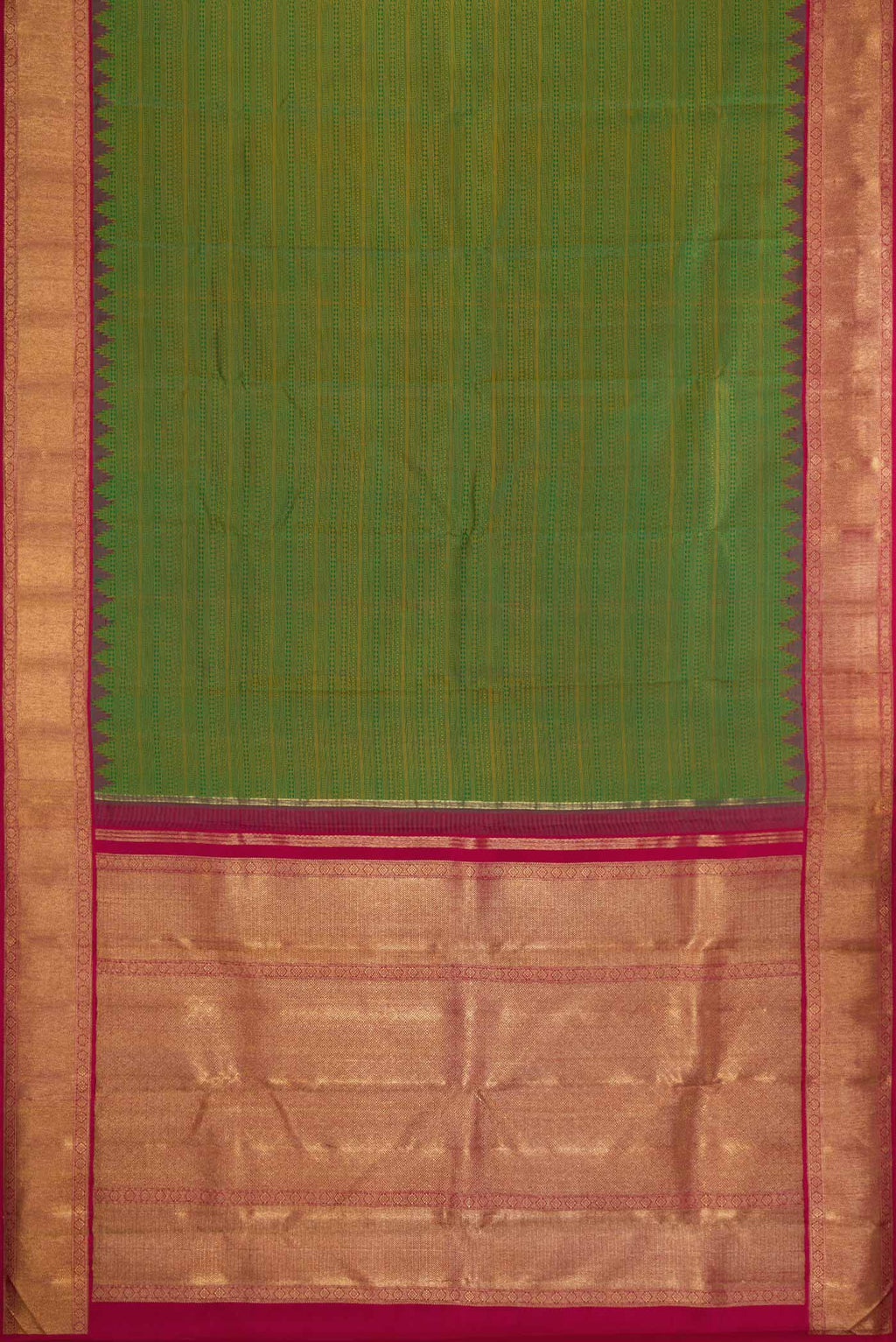 Flat view of Pure Silk Pure Zari Green Dual Tone Kanjivaram Saree with Jacquard design on the body and Zari Border. 