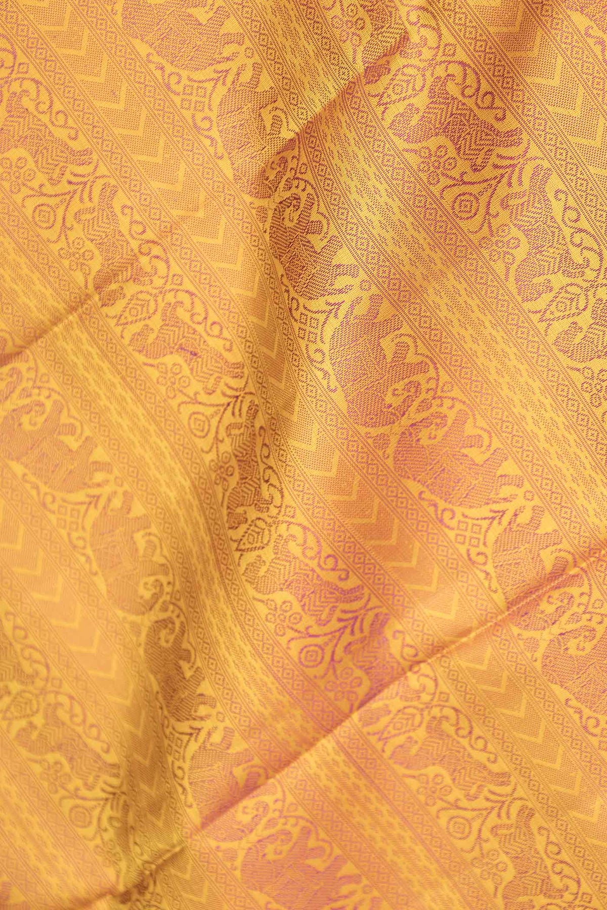 Close up of Pure Silk Pure Zari Mustard Dual Tone Kanchipuram Saree with Jacquard design on the body and Zari And Thread Border displaying folds