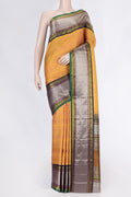 Pure Silk Pure Zari Mustard Dual Tone Kanchipuram Saree with Jacquard design on the body and Zari And Thread Border displayed on a mannequin