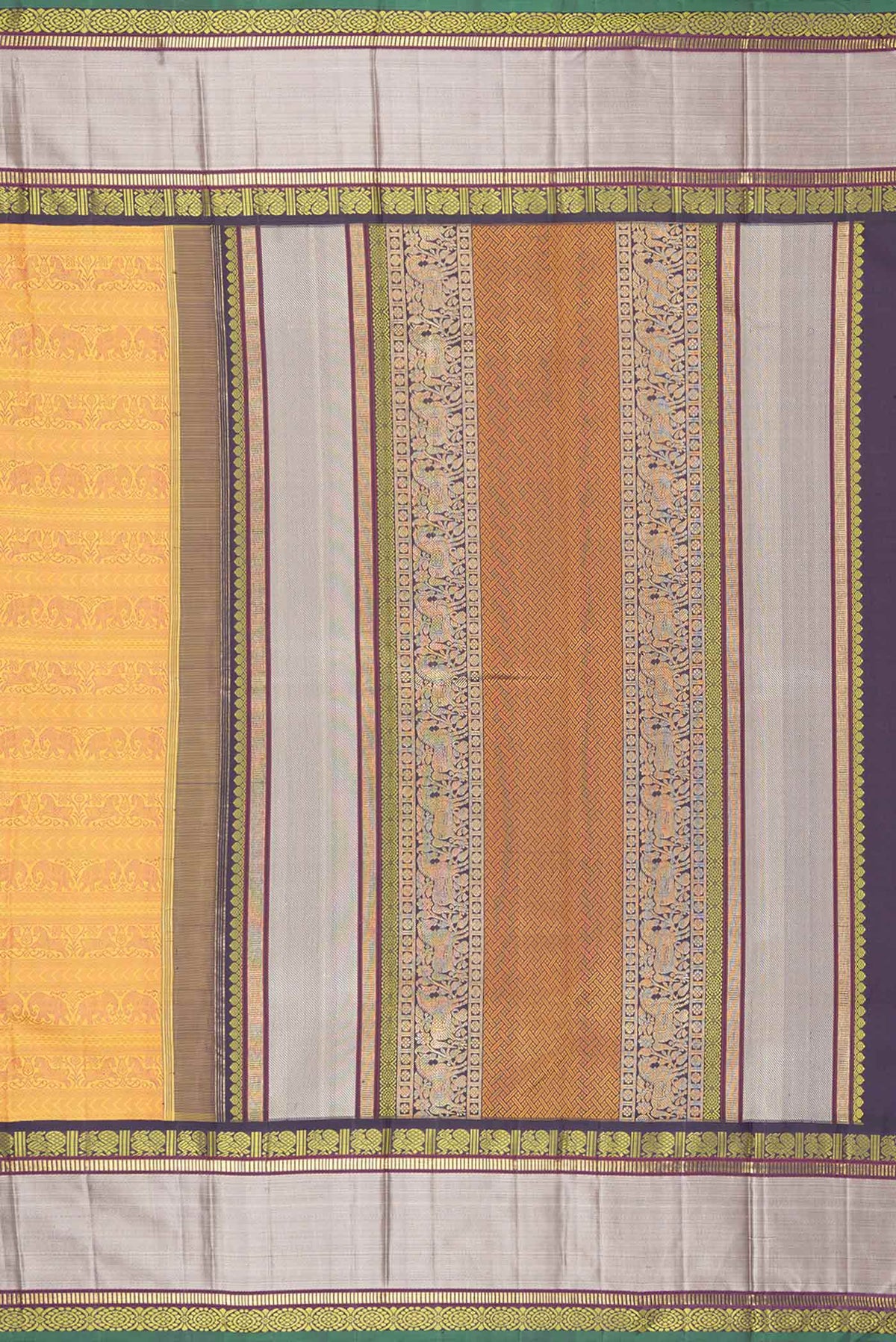 Close up image of the pallu of Pure Silk Pure Zari Mustard Dual Tone Kanchipuram Saree with Jacquard design on the body and Zari And Thread Border
