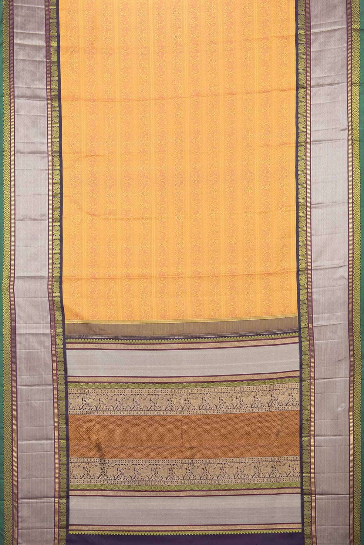 Flat view of Pure Silk Pure Zari Mustard Dual Tone Kanchipuram Saree with Jacquard design on the body and Zari And Thread Border