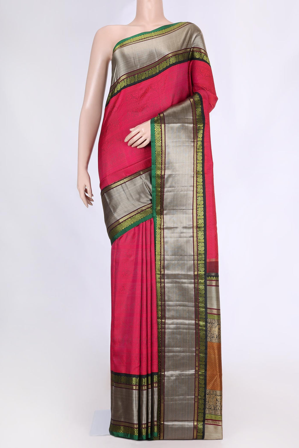 Pink Dual Tone Kanchipuram Silk Saree with Zari Brocade on the body and Zari Border displayed on a mannequin