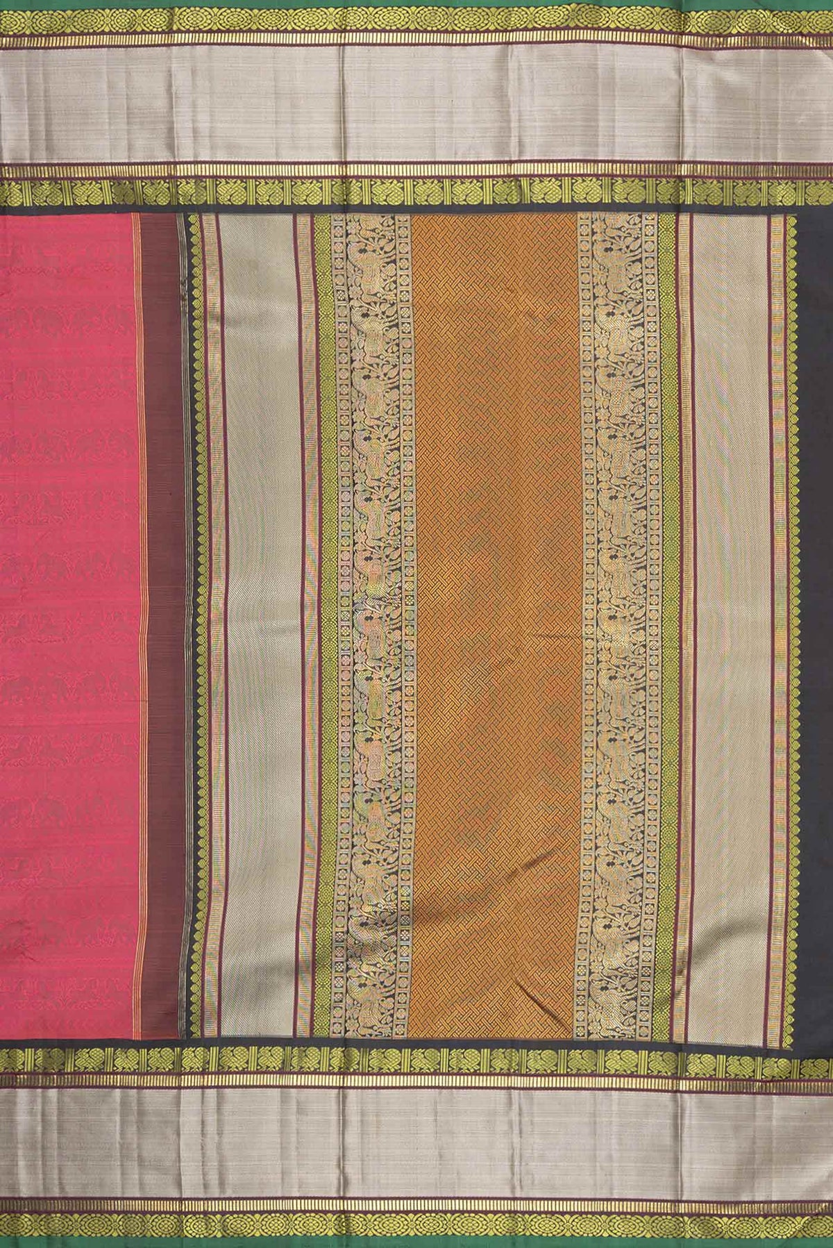 Close up image of the pallu of Pink Dual Tone Kanchipuram Silk Saree with Zari Brocade on the body and Zari Border