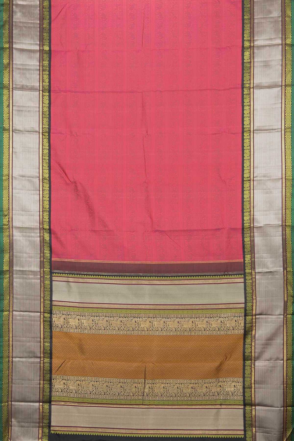 Flat view of Pink Dual Tone Kanchipuram Silk Saree with Zari Brocade on the body and Zari Border