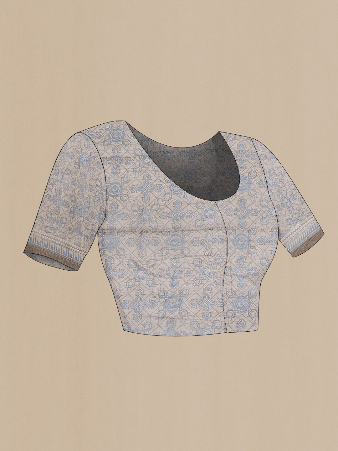 Close up image of the blouse of Grey Dual Tone Chanderi Silk Saree with Printed design on the body and Zari Border