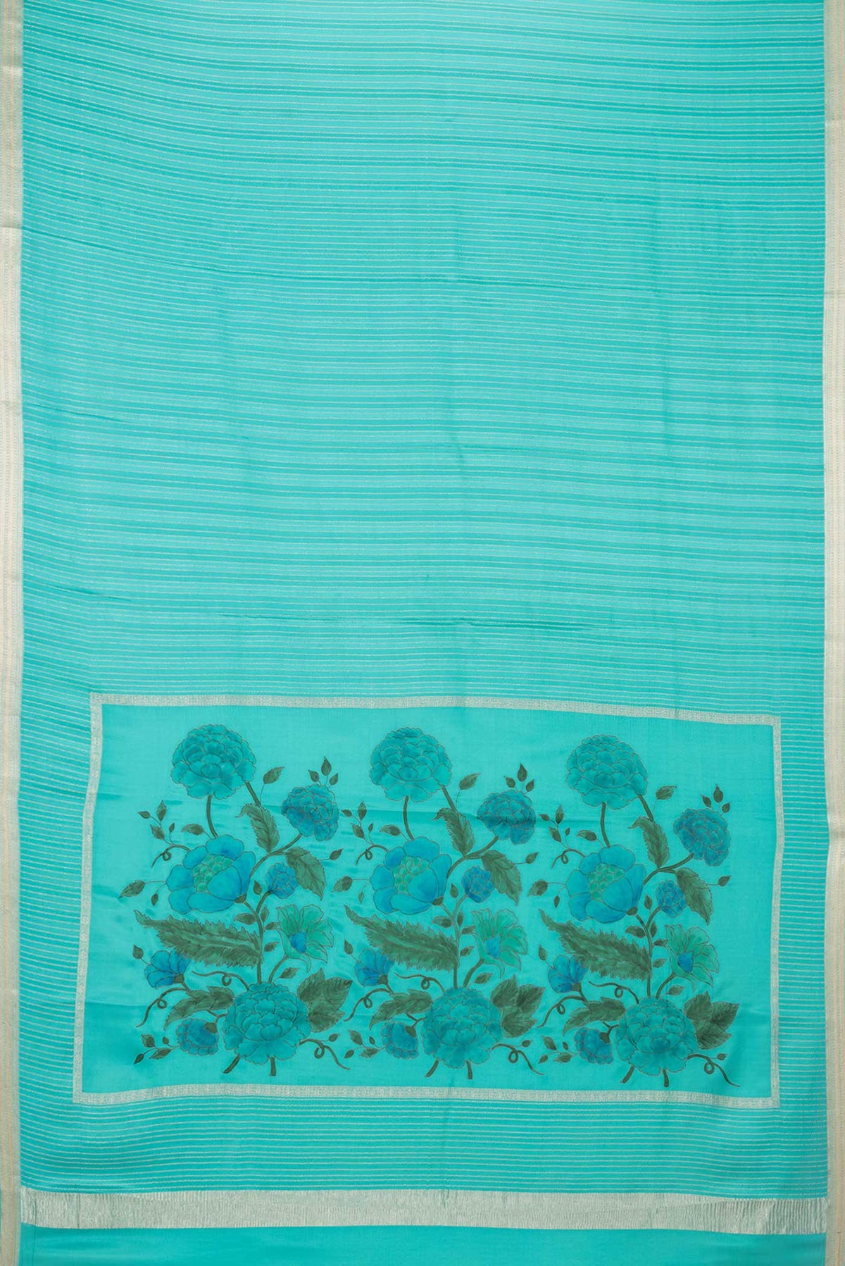 Flat view of Sky Blue Mysore Crepe Saree with Stripes on the body and Zari Border