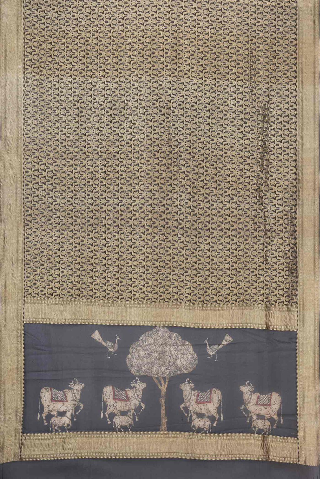 Flat view of Black Mysore Crepe Saree with Zari Brocade on the body and Zari Border