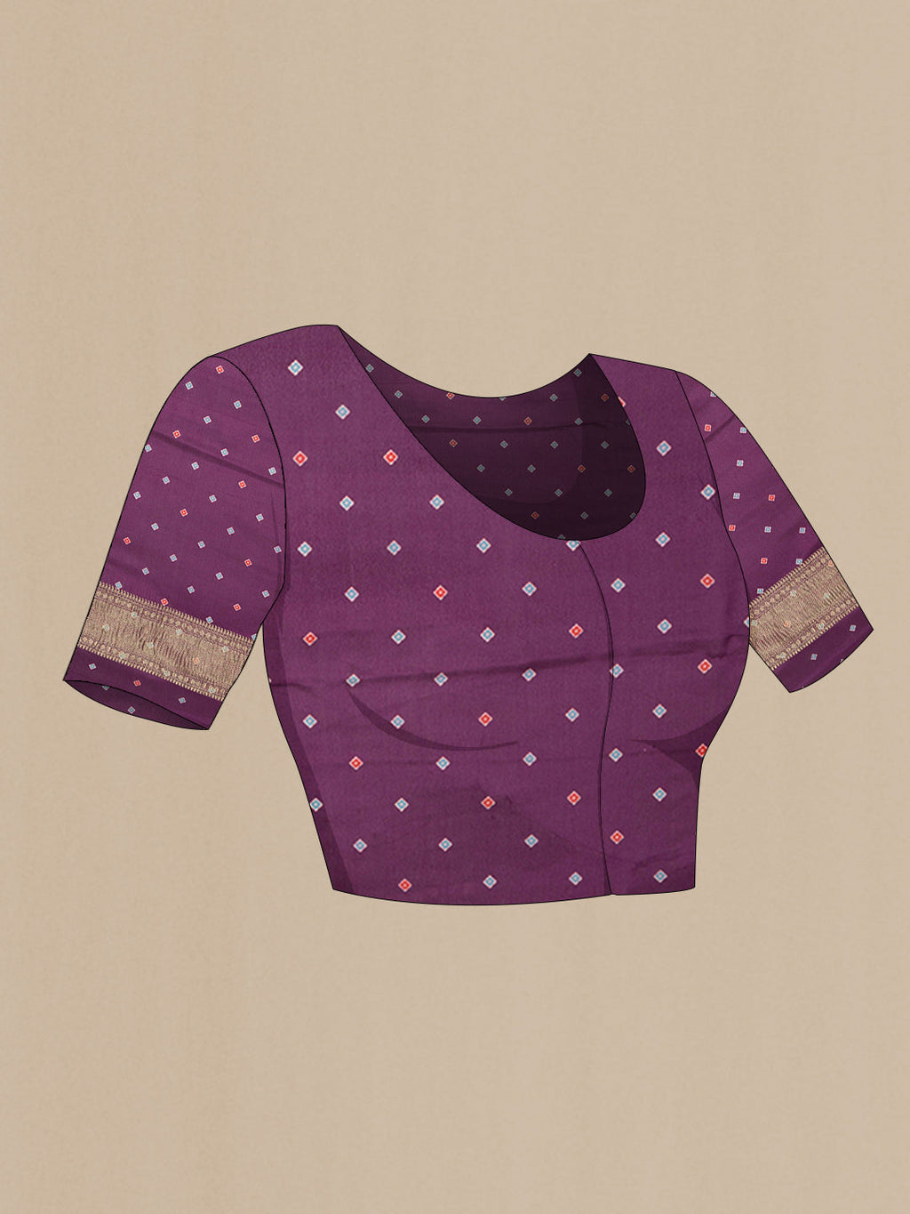 Close up image of the blouse of Purple Mysore Crepe Saree with Zari Brocade on the body and Zari Border