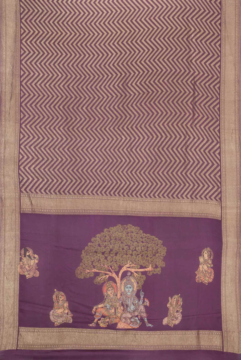 Flat view of Purple Mysore Crepe Saree with Zari Brocade on the body and Zari Border