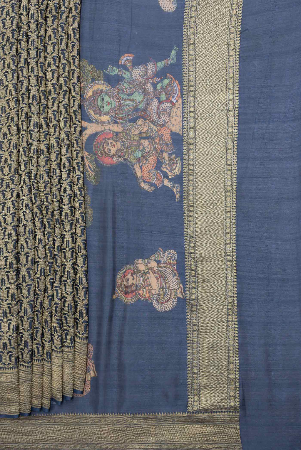 Pleats and pallu of Navy Blue Dual Tone Mysore Georgette Saree with Zari Brocade on the body and Zari Border