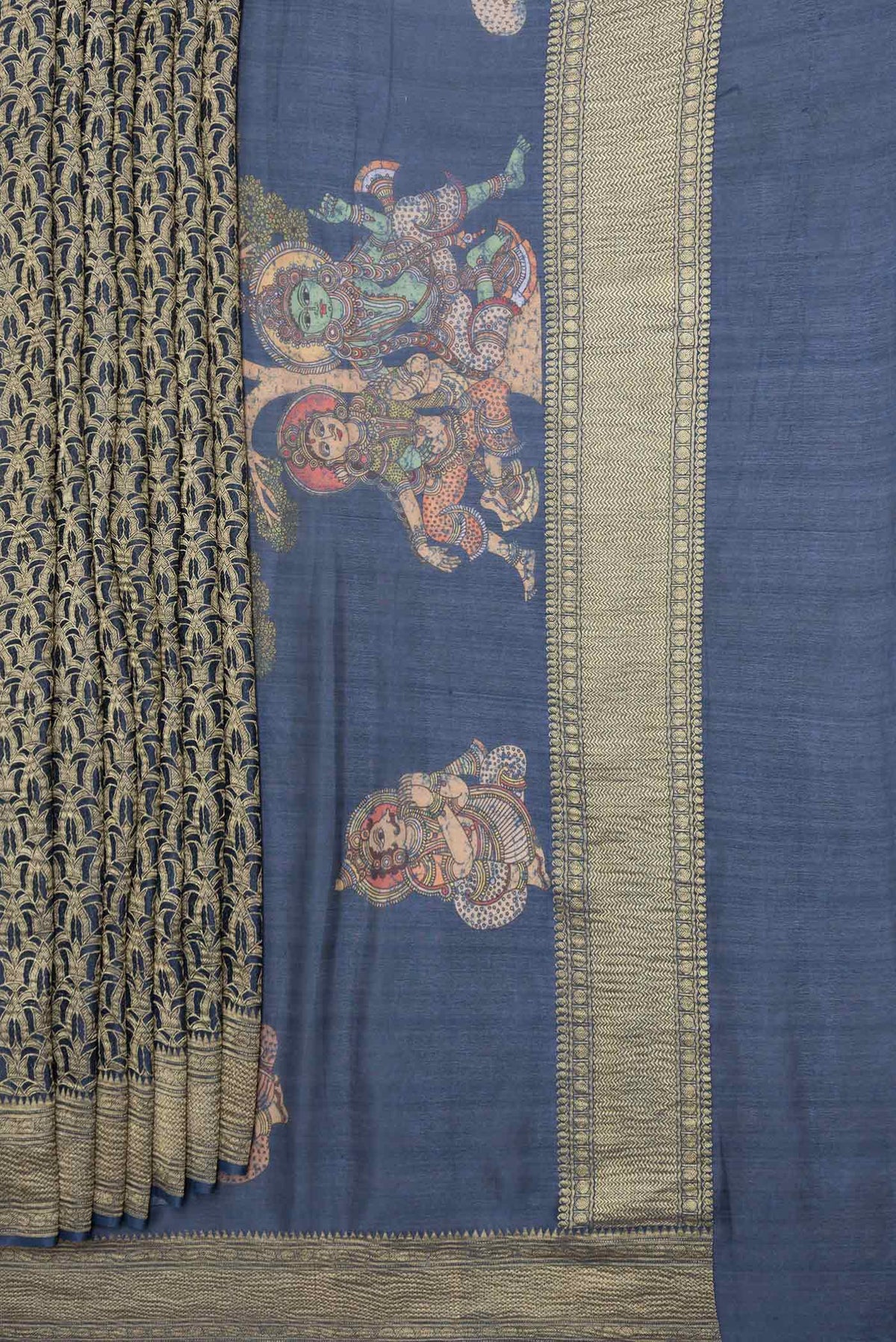 Pleats and pallu of Navy Blue Dual Tone Mysore Georgette Saree with Zari Brocade on the body and Zari Border