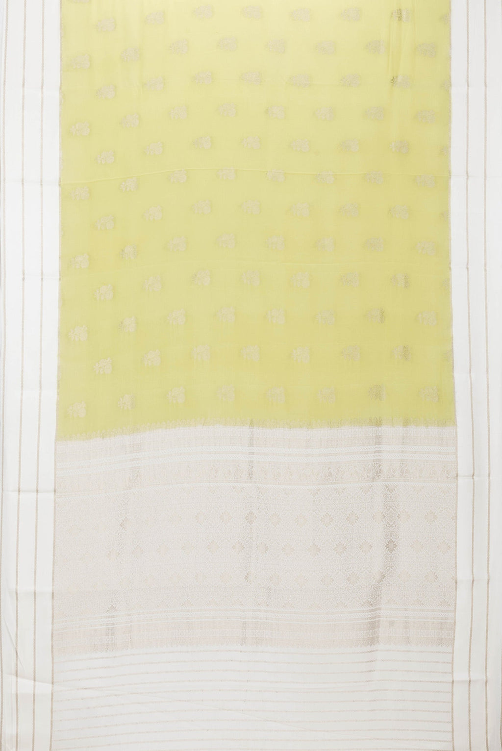Flat view of Pista Green Dual Tone Mysore Silk Saree with Zari Butta on the body and Zari Border. 