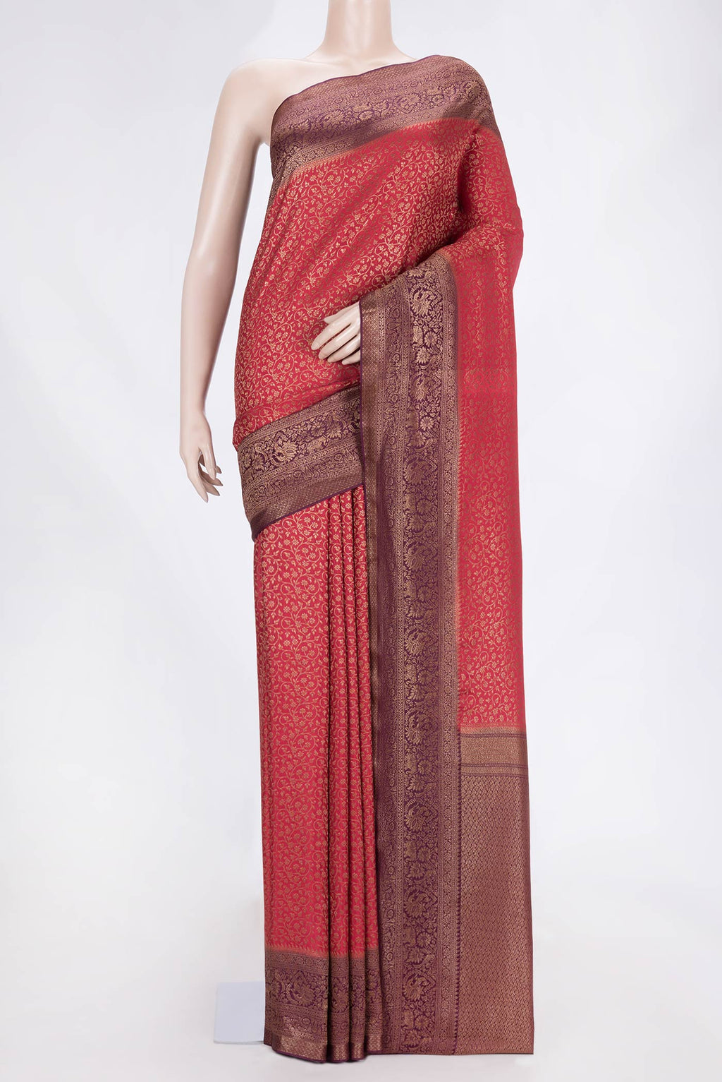 Pink Dual Tone Banarasi Silk Saree with Zari Brocade on the body and Zari Border.  displayed on a mannequin